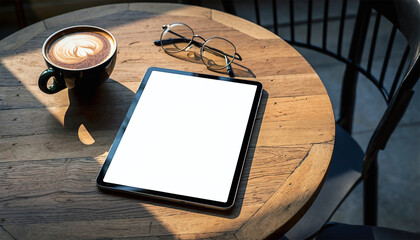 Digital tablet with blank screen latte coffee and eyeglasses on rustic wooden cafe table