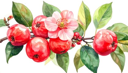 Watercolor painting of apples, flowers, and leaves on a branch.
