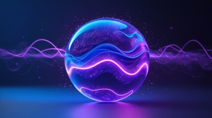 Radiant neon 3D sphere of glowing blue-purple waves and particles, with vibrant electric blue undertones and rich purple accents, symbolizing futuristic AI energy and tech innovation, set against a da