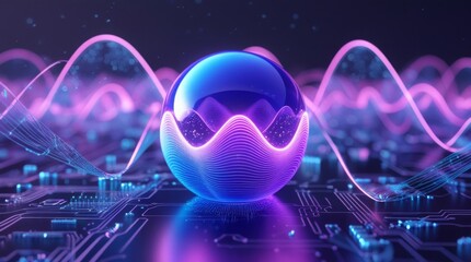 Vibrant blue-purple neon 3D orb with luminous gradient waves, showcasing AI, data science, and futuristic concepts, surrounded by a subtle grid of tiny, shimmering circuit boards and delicate, swirlin