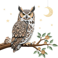A brown nocturnal owl perched on a tree branch in the wild