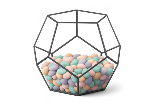 Geometric terrarium holding pastel pebbles on transparent background