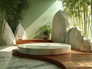 Minimalist Circular Display Podium with White Rock Texture in New Chinese Zen Scene, Green Bamboo and Natural Light