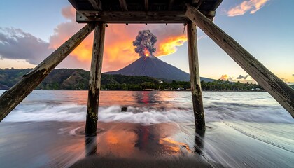 Volcano Erupting at Sunset with Ocean Waves and Wooden Pier.