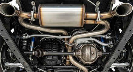 Underside view of modern performance car exhaust and suspension