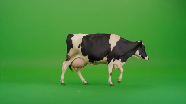 A black and white Holstein cow walks in profile against a solid green background, showcasing its udder and distinctive markings