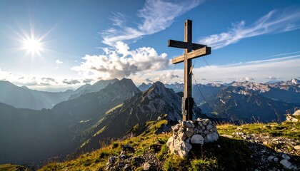 Summit Cross at the Top of a Mountain Peak.