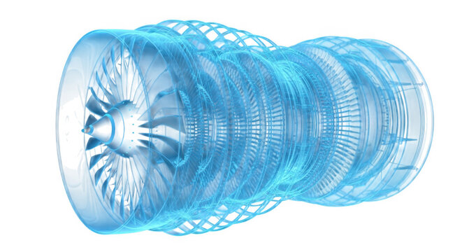 Blue transparent jet engine digital render technical design view