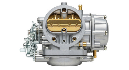 New automotive engine carburetor, shiny metal and brass details