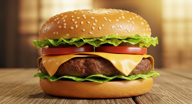 Delicious cheeseburger with sesame seed bun rests on rustic wooden surface indoors - Powered by Adobe