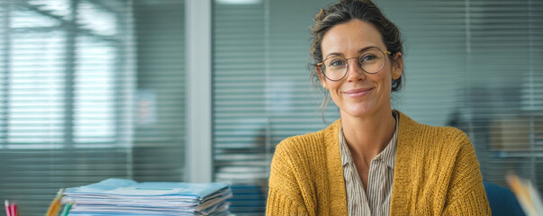 Smiling woman glasses cardigan office desk paperwork casual professional portrait confident warm candid mood