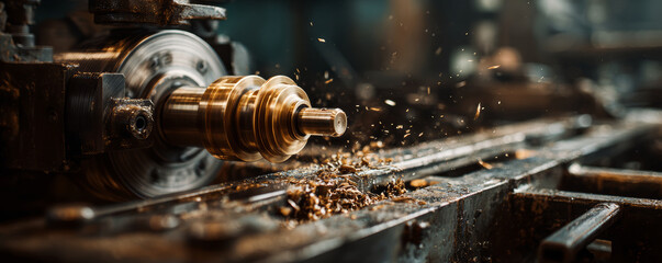 High speed lathe metal turning brass cylinder industrial machine machining process flying sparks precision engineering workshop tool energizes