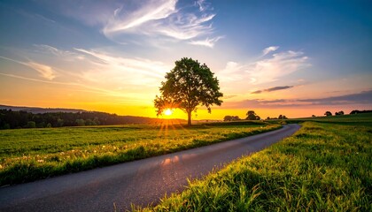 Sunset over a road with a tree in the middle of the field.