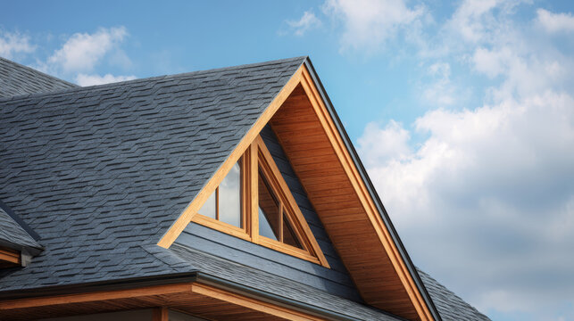 Modern roof gable triangle window wood trim slate shingle blue sky daylight clean line with calm mood