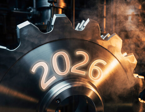 Close Up of a Heavy Metal Gear with Glowing Numbers “2026” and Industrial Steam, Symbolizing Future