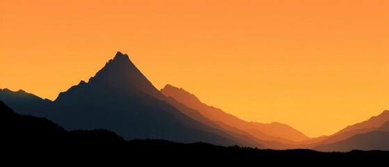 Mountain Range Silhouette at Sunset with Golden Sky, Landscape View