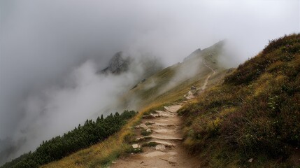 Mountain Trail Through Foggy Peaks: Scenic Hiking Path Landscape