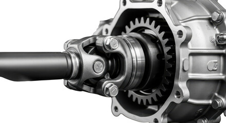 Drivetrain universal joint and gearbox gears close-up detail