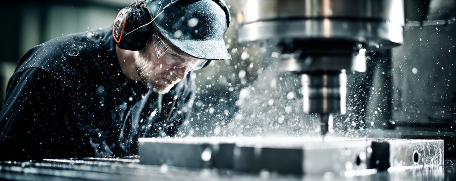 Industrial machining cnc machine metal cutting precision engineering machinist safety gear workshop coolant spray steel manufacturing with intense