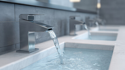 Modern faucet bathroom sink flowing water stainless steel marble countertop clean design contemporary style hygiene interior