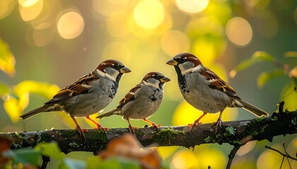 Three House Sparrows Perched on a Branch in Golden Sunlight.