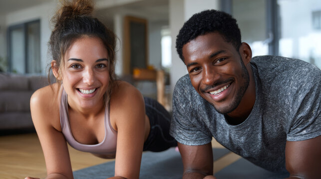 Fitness couple home workout plank smiling active lifestyle yoga mat natural light teamwork healthy motivation. fitness couple plank home smiling