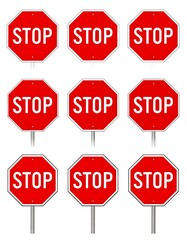 Nine red octagon-shaped signs with white text, on white background