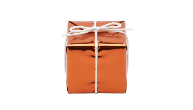 Bronze Wrapped Gift With White String on White Background