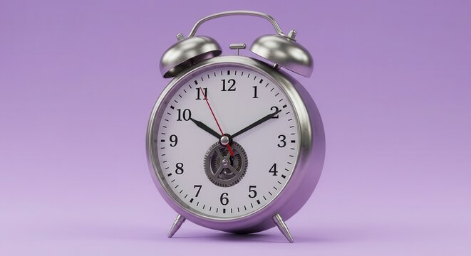 Metallic twin bell alarm clock displays time against a soft lavender background