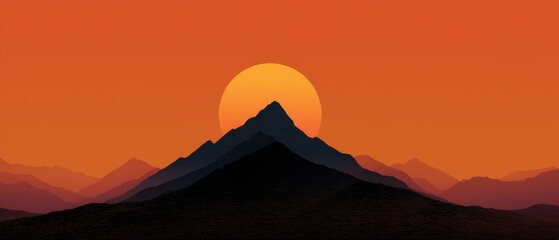 Panoramic vector illustration of a large sun setting behind a silhouetted mountain range under a vibrant orange sky.