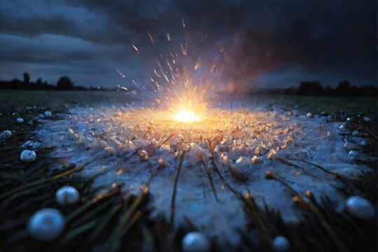 A glowing, radiant burst of liquid light erupts from a dark surface vibrant orange at its core, radiating icy blue tendrils like an explosive starburst or frozen energy pulse. The scene feels both su