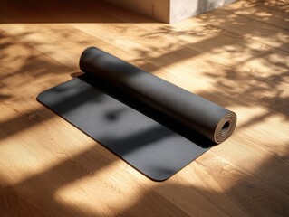 Partially unrolled black yoga mat on wooden floor with dappled sunlight
