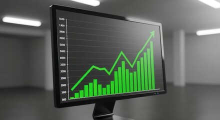 Digital display screen illustrates upward trend with bright green bar chart and line graph