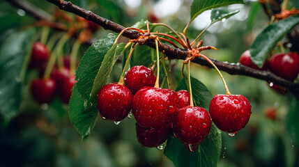 Obraz premium FreshCherriesWithRaindrops