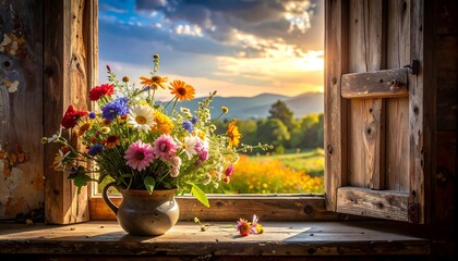Vibrant floral arrangement in a rustic window with scenic view.