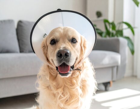 Close-up of happy golden retriever wearing a protective cone
