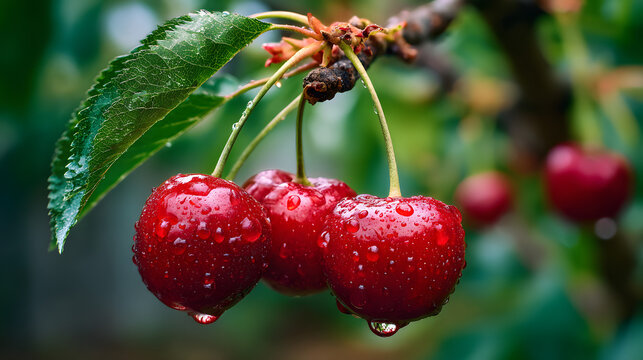 Fresh cherries with water droplets