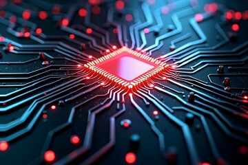 glowing red chip at center of blue circuit board, surrounded by intricate pathways and warm orange dots on dark background.