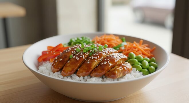 Sliced glazed protein rests atop fluffy white rice surrounded by colorful fresh vegetables in a ceramic bowl.