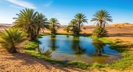 Obraz premium Serene Desert Oasis with Lush Palm Trees, Reflective Pond, and Majestic Sand Dunes under a Bright Blue Sky.