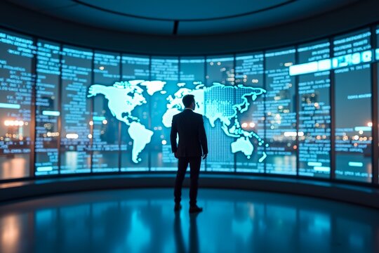Man in suit stands before glowing global data screens, analyzing world map and financial metrics in futuristic control room.