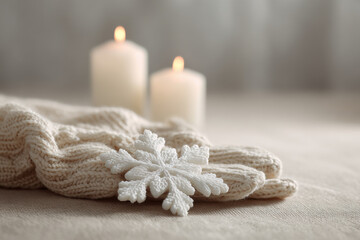 closeup of delicate snowflakes resting on cozy woolen mitten illuminated by warm candlelight in background