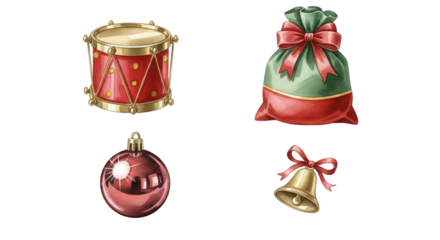 Christmas festive decorations drum bell ornament and gift bag for holiday season.