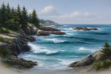 Peaceful coastal landscape with turquoise ocean waves crashing on rocky shore surrounded by pine trees under blue sky, serene nature seascape painting
