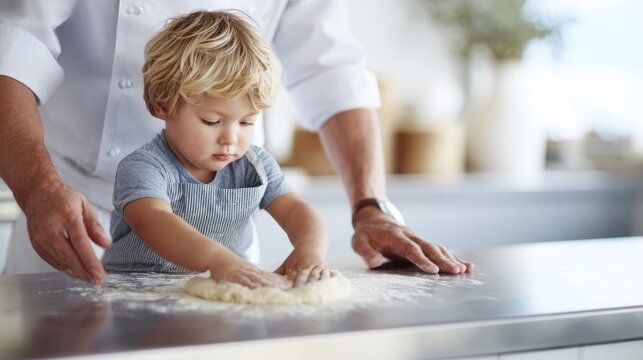 Cute little boy kneading dough with chef in bright kitchen, family baking time and culinary education concept showing child learning to cook bread
