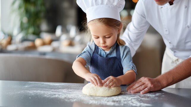 Little girl learning to bake with chef, kneading dough on kitchen counter in chef hat and apron, family cooking activity and child education concept

