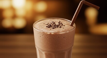 Frothy chilled beverage topped with small dark sprinkles rests in a clear glass with a bent drinking tube