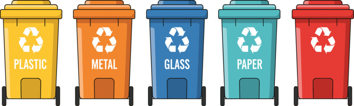 Colorful Vector Set of Recycling Bins for Plastic, Metal, Glass, Paper, and General Waste, Promoting Environmental Responsibility and Waste Sorting