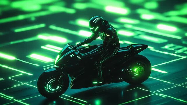 Cyberpunk rider on futuristic neon data network road