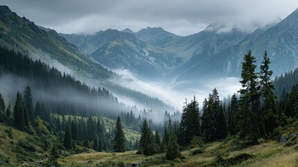 Serene mountain valley with dense pine forest, shrouded in atmospheric mist and clouds under an overcast sky.